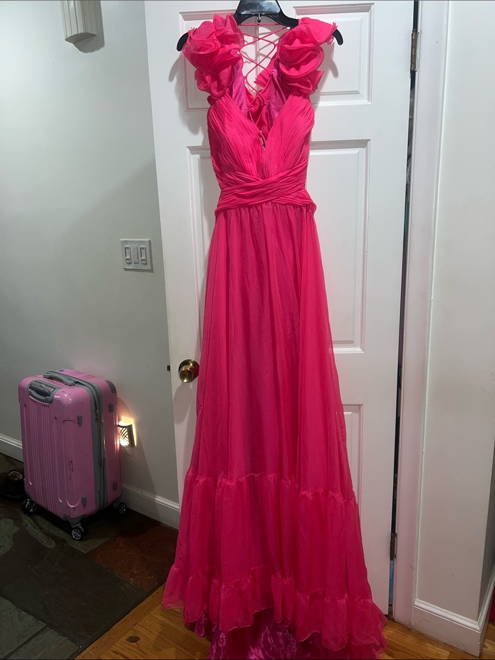 Mac Duggal Hot Pink Ruffled Lace-Up Chiffon Gown